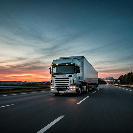 Truck on highway at dusk with data visualization